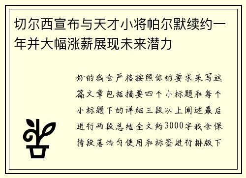 切尔西宣布与天才小将帕尔默续约一年并大幅涨薪展现未来潜力 切尔西宣布与天才小将帕尔默续约一年并大幅涨薪展现未来潜力
