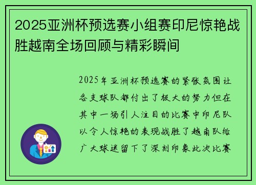 2025亚洲杯预选赛小组赛印尼惊艳战胜越南全场回顾与精彩瞬间 2025亚洲杯预选赛小组赛印尼惊艳战胜越南全场回顾与精彩瞬间